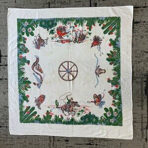Vintage Cotton STARTEX Tablecloth Western Cowboy Cactus Ranch Boots Original Tag